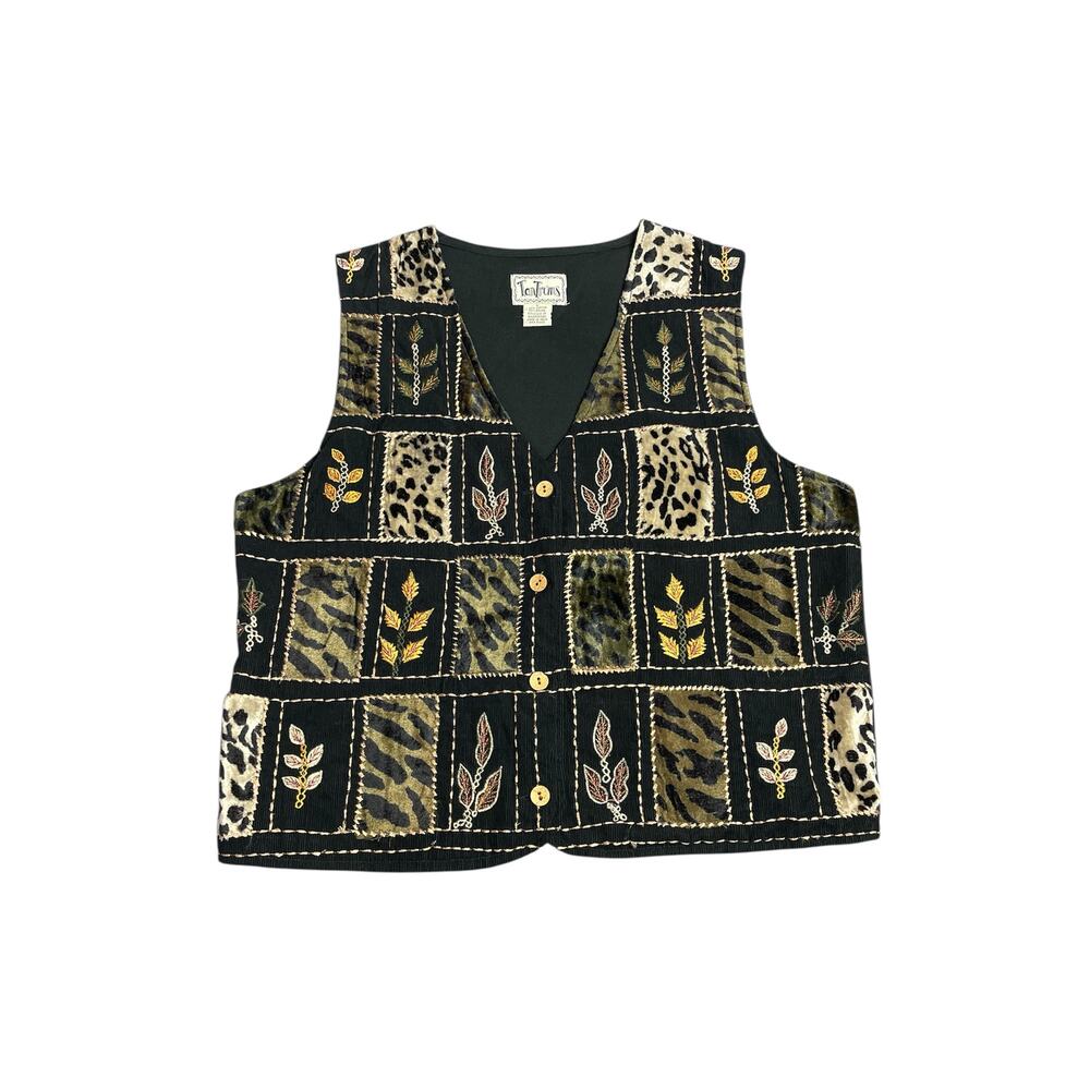 Y2K Vintage Tantrums Boho Velvet Animal Print & Embroidered‎ Vest SZ Large 90s
